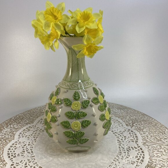 Anthropologie Vase Applied Flowers Blooms Yellow Green Leaf Vine Scroll Hexagon - Picture 6 of 9